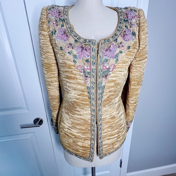 Mary McFadden Vintage 1990's Evening Jacket Blazer Beaded Floral Gold Size 12 - Picture 4 of 10